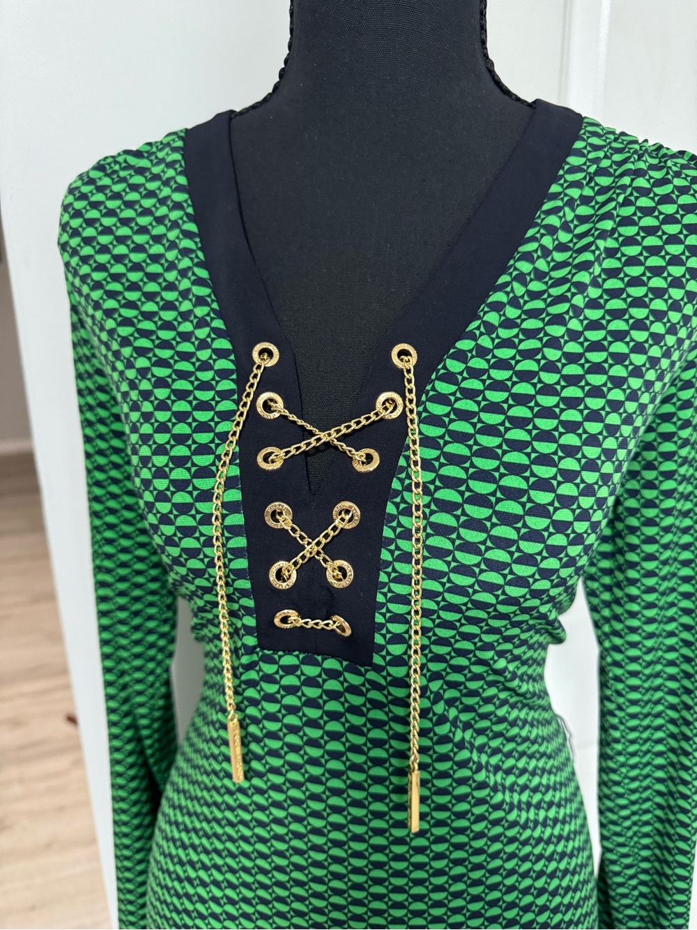 Michael Kors Green Geometric Long-Sleeve Dress with Gold Lace-Up